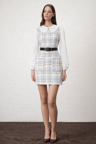 VAGGON Rochie detaliată cu cămașă în carouri albastre pentru femei ALACATI ST...