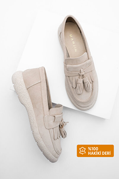 Marjin Női Valódi Bőr Loafer Alkalmi Cipők Suma Beige Suede