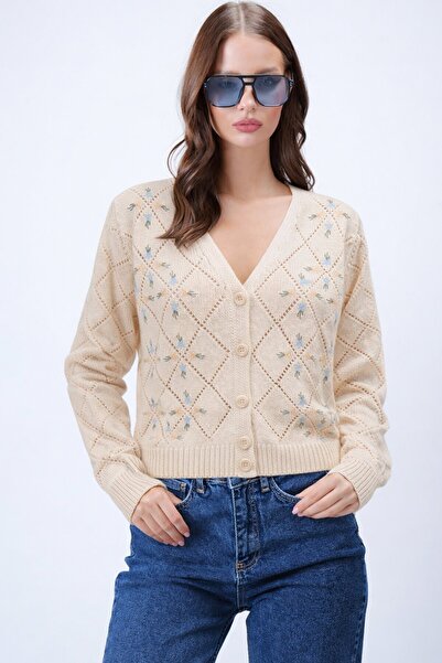 VAGGON Beige Diamond Patterned Floral Embroidered Knitwear Cardigan