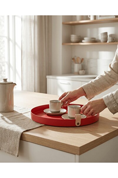 hemlife Decorative Presentation Tray 33 cm Round Tray with Metal Leather Handles