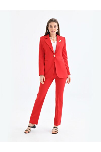 nodilife Broş Detay Gold Düğmeli Atlas Takım Elbise Kırmızı