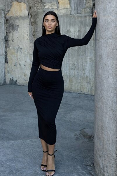 NDN STORE Rochie neagră midi, din tul elastic, cu decolteu, guler înalt, mâne...