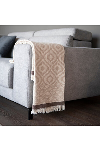 Trimita %100 Pamuk Jakarlı Lüks Throw Örtü - Çift Taraflı - Bej&kahverengi