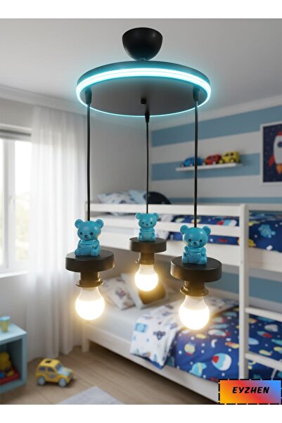 Eyzhen Bebek/Çocuk Odası El Yapımı Taş Mavi Ayıcık Figürlü Neon Ledli 3'lü Sa...