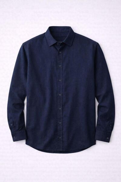 Valiberta Scott – Soft Dokulu Yarım Oversize Modern Erkek Gömlek - Lacivert