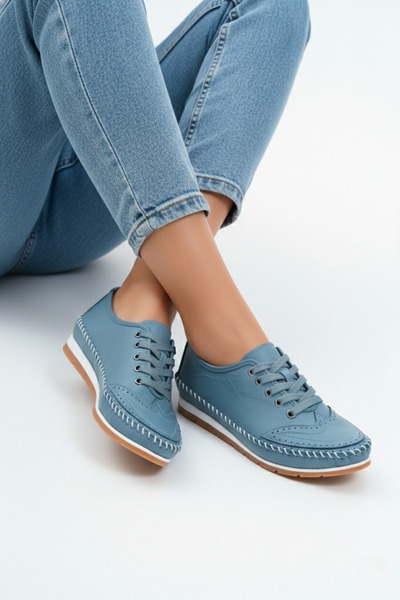 Deripabuc Genuine Leather Denim Blue Women's Leather Ballerinas Dp16-0061