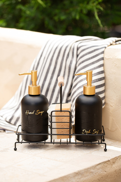 Rakle Bright Black Metal Wooden Handle Stand Set of 2 Liquid Soap Dispenser B...