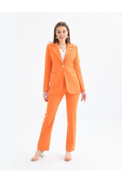 nodilife Broş Detay Gold Düğmeli Atlas Takım Elbise Turuncu