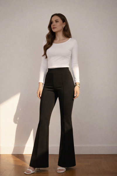 ERLINE Siyah Çimalı Kumaş Yüksek Bel İspanyol Paça Pantolon