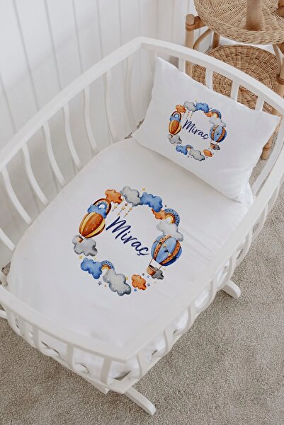 Lilabio İsme Özel %100 Pamuk Park Yatak Çarşaf Seti (100X120) Balon Ve Bulutlar