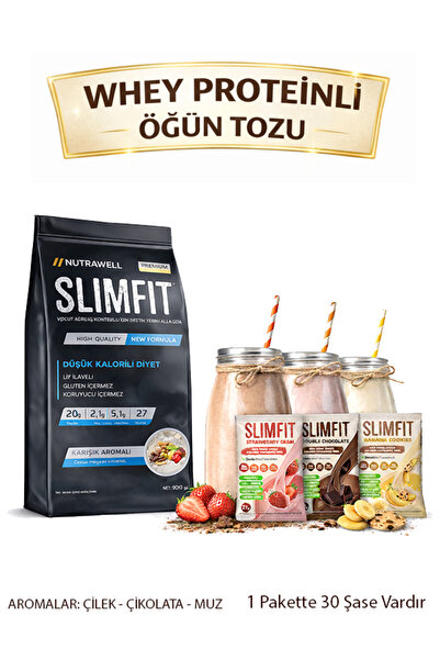 Nutrawell Slimfit Karışık Diyet Öğün Tozu-30 Öğün Çilek-Cikolata-Muz- Premium...