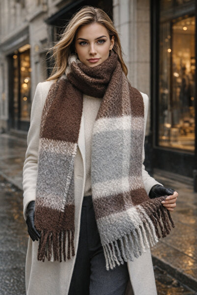 Luminos Butik Women's Gray Plaid Patterned Scarf-Shawl Sal1305