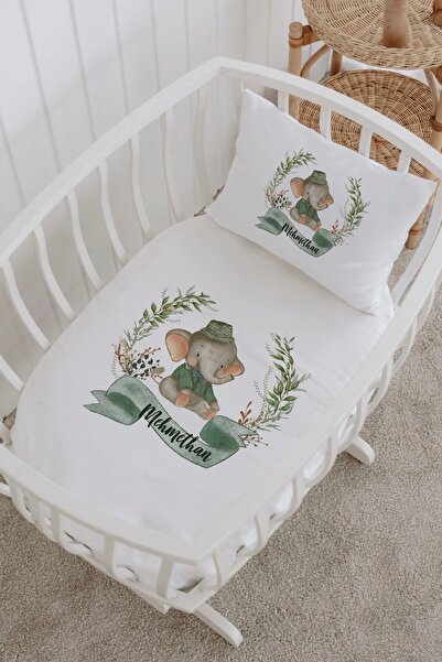 Lilabio İsme Özel %100 Pamuk Park Yatak Çarşaf Seti (100X120) Şapkalı Fil