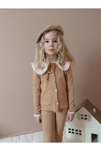 WİKİBOOM Girls' Lace-Collar Terry Tights Holiday Beige Set