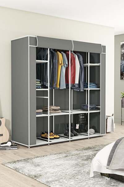 BYDAMAT Geniş Hacimli Çift Askılı Gardrop Bez Dolap Gri