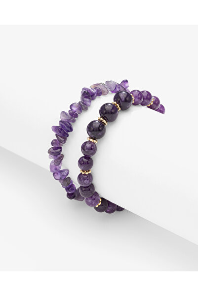 TARZ-I TAKI (سواران) حجر طبيعي أرجواني جمشت ثنائي المجموعة مطلي بالذهب سوار ن...