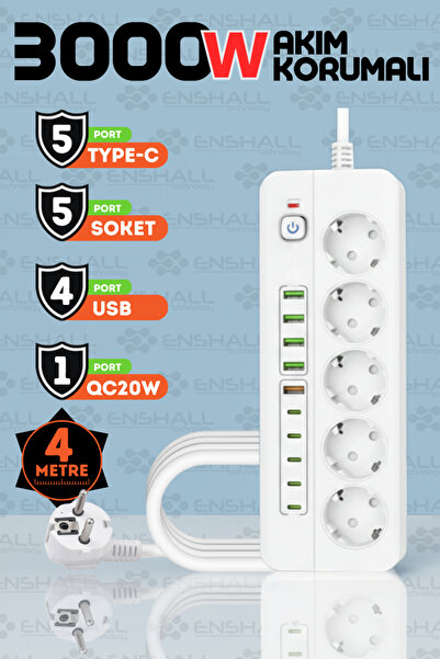 Enshall PRO P13 3000W Akım Korumalı 5 Girişli Type-c ve USB Girişli Uzatmalı ...