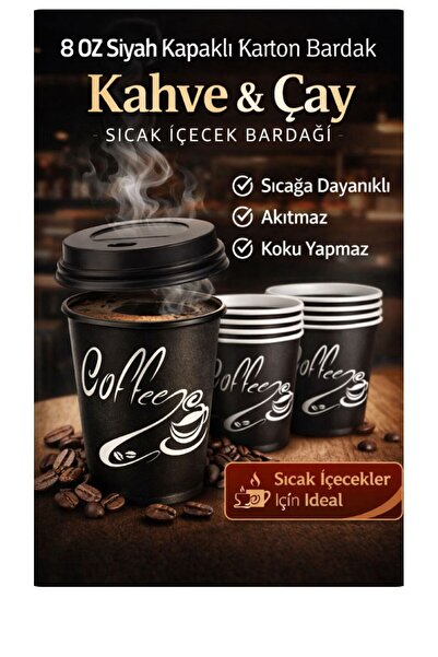 figanlar ambalaj 8 Oz Siyah Kapaklı Karton Bardak Kahve Çay Kağıt Bardak 250 ...