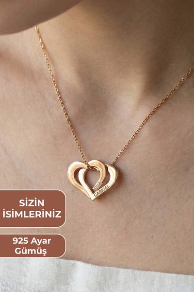 ZOLESSA Kadın Kişiye Özel İç İçe Geçen Çift Kalpli 2 İsimli Kolye Rose Altın ...