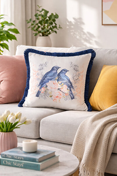 RİTMOHOME Kuş Desenli Püsküllü Vintage, Country, Iskandinav, Bohem 50x50 Deko...