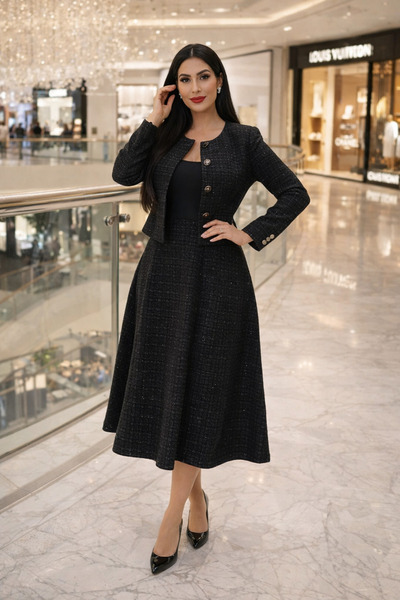 Borncelebs Classic Two-Piece Blazer Skirt Set in Soft Black | The Professiona...