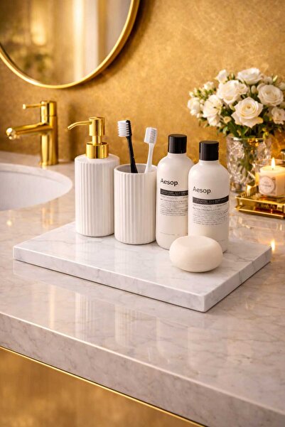 Marbello Doğal Beyaz Mermer Tepsi 15x30 cm | Banyo & Mutfak Organizer | El Ya...
