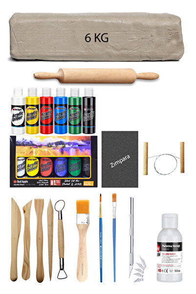 ACUTO Beyaz Seramik Hamuru 6 Kg Kil Ebeşuar Set Akrilik Set Parlak Vernik Ahş...