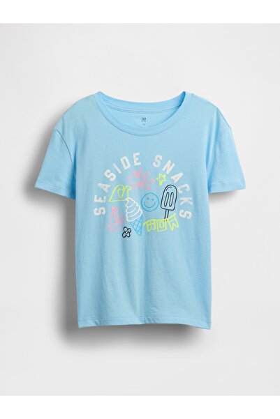 GAP Kız Çocuk Mavi Grafik Baskılı T-Shirt