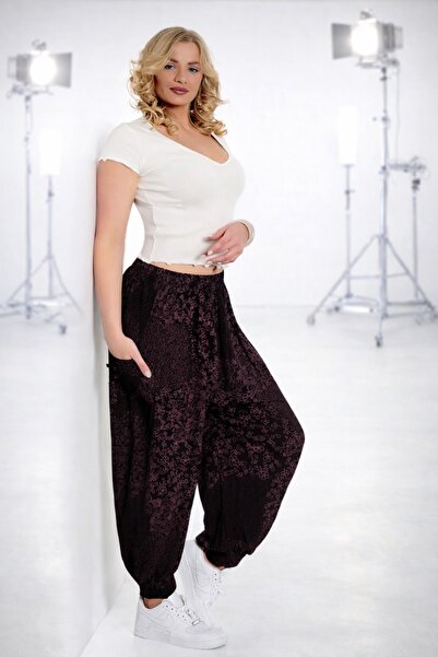 SİWELLİ Kadın Şalvar, Yumuşak Kumaş, Pembe Şal Desenli, Yandan Cepli, Standar...