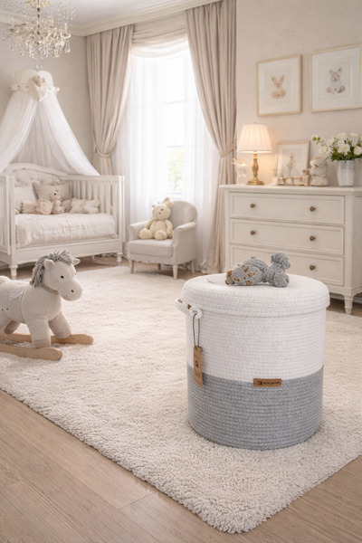 Secem Boutique سلة ألعاب من الخوص مقاس 30x30 - متسخة وغطاء، منظم غرفة الأطفال