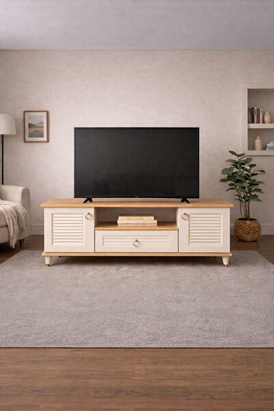 Dekurt Modern Ahşap Bej TV Ünitesi Kapaklı Televizyon Ünitesi Salon TV Sehpas...