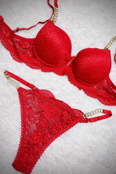 RUYAZ Červená krajková souprava s vyztuženou podprsenkou a kalhotkami se zlat...