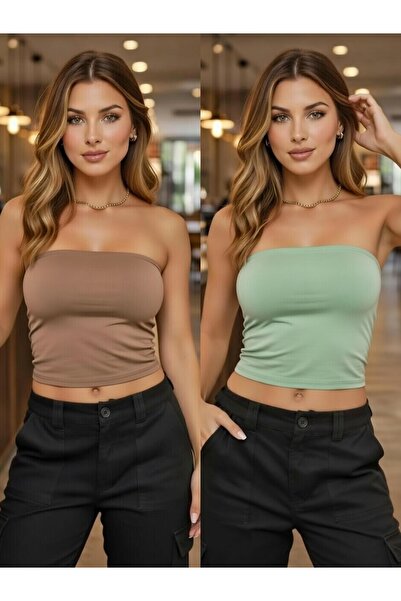 Olyssia 2-Piece Mint Green - Light Brown Strapless Crop Top Bustier – Stretch...