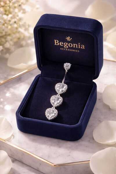 Begonia Accessories 316l Cerrahi Çelik, Fashion 3 Boy Sıralı Kalp Zirkon Taşl...