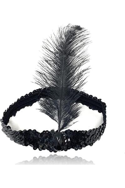 Skygo Siyah Renk Çarliston Başlık 90 lı Yıllar 80 li Yıllar Tüylü Saç Bandı