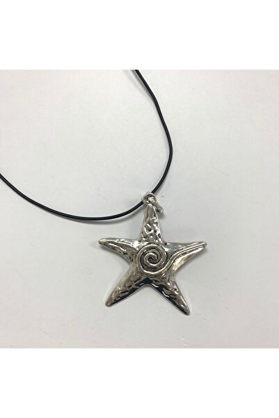 LAİKA Antik Gümüş Kaplama Deri İpli Spiral Yıldız Kolye 60 CM