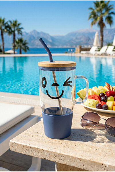 Anka Grup ANKA Bambu Kapaklı Çelik Pipetli Bardak Cam Termos Big Mug 1000 ml