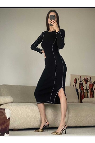 shop Women's Ribbed Combed Cotton Dress with Side Stitching Detail