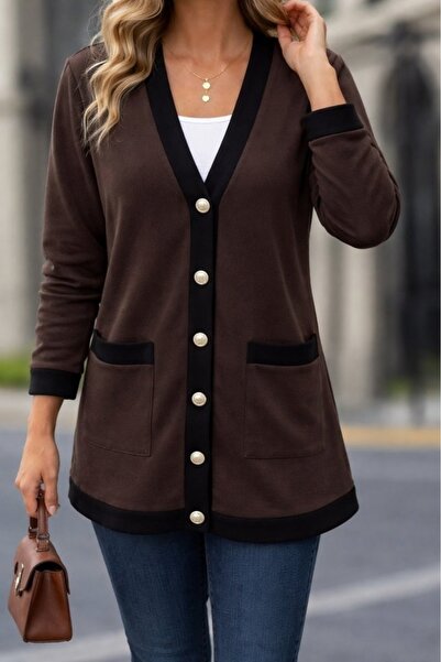 Kanonik Education Women's Long Sleeve Pocket Front Buttoned Long Modal Coat C...