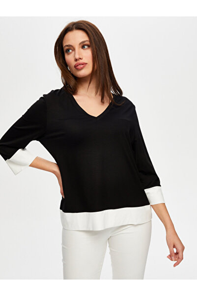 Faik Sönmez تي شيرت نسائي بأكمام 3/4 ورقبة على شكل حرف V - كاجوال وعمل