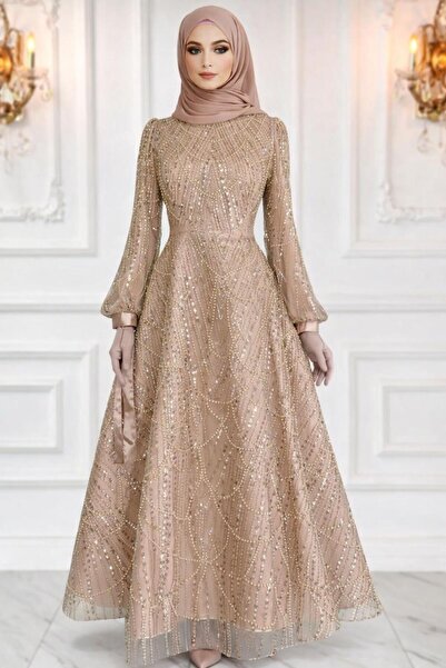 TRENDTESETTÜR KADIN ALTIN (GOLD) PUL PAYETLİ ABİYE ELBİSE T 1163