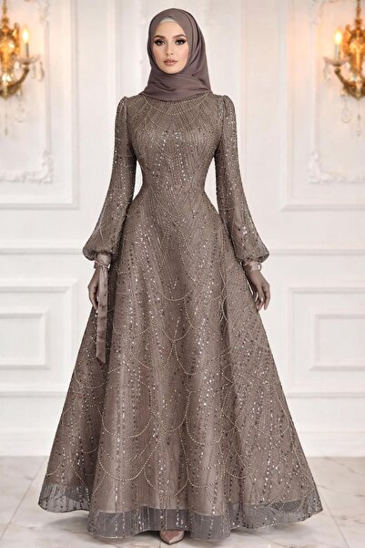 TRENDTESETTÜR KADIN VİZON PUL PAYETLİ ABİYE ELBİSE T 1163