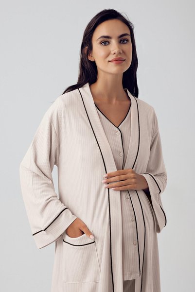 Artış Düğmeli Uzun Kollu Esnek Viskoz Hamile Sabahlık Pijama Takımı