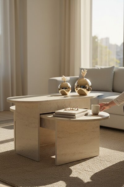 Sarenzo Orta Sehpa Yan Sehpa 2'Li Traverten