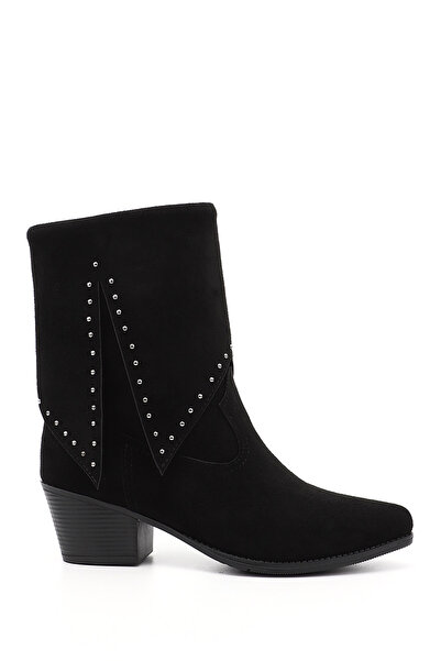 GÖNDERİ(R) Kadın Siyah Süet Sivri Burun Kalın Topuklu Kovboy Çizme