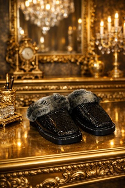 Yeşilmoda Sandals Faux Leather Fur Inside Comfortable Black Crocodile Skin Pa...