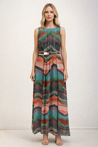 AYHAN Rochie cu mâneci scurte, cu detaliu curea aurie și model