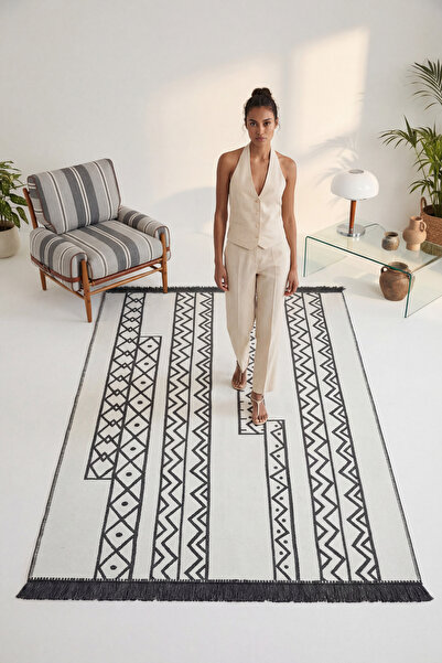 Cool Halı Lovely White Gray Kilim Carpet Double-Sided Machine Washable Summer...