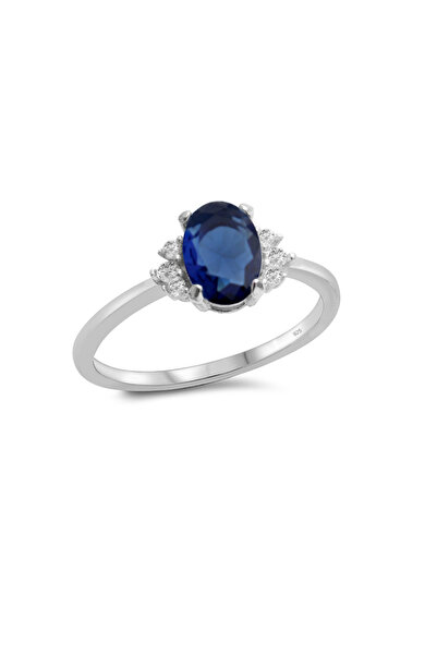 Silveranka 925 Ayar Gümüş Oval Safir Taşlı Trend Yüzük