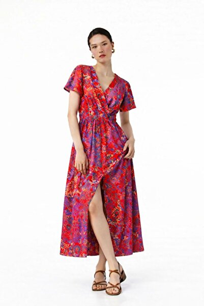 HAKKE فستان فيسكوز بطبعة عرقية وياقة مزدوجة وحزام مطاطي